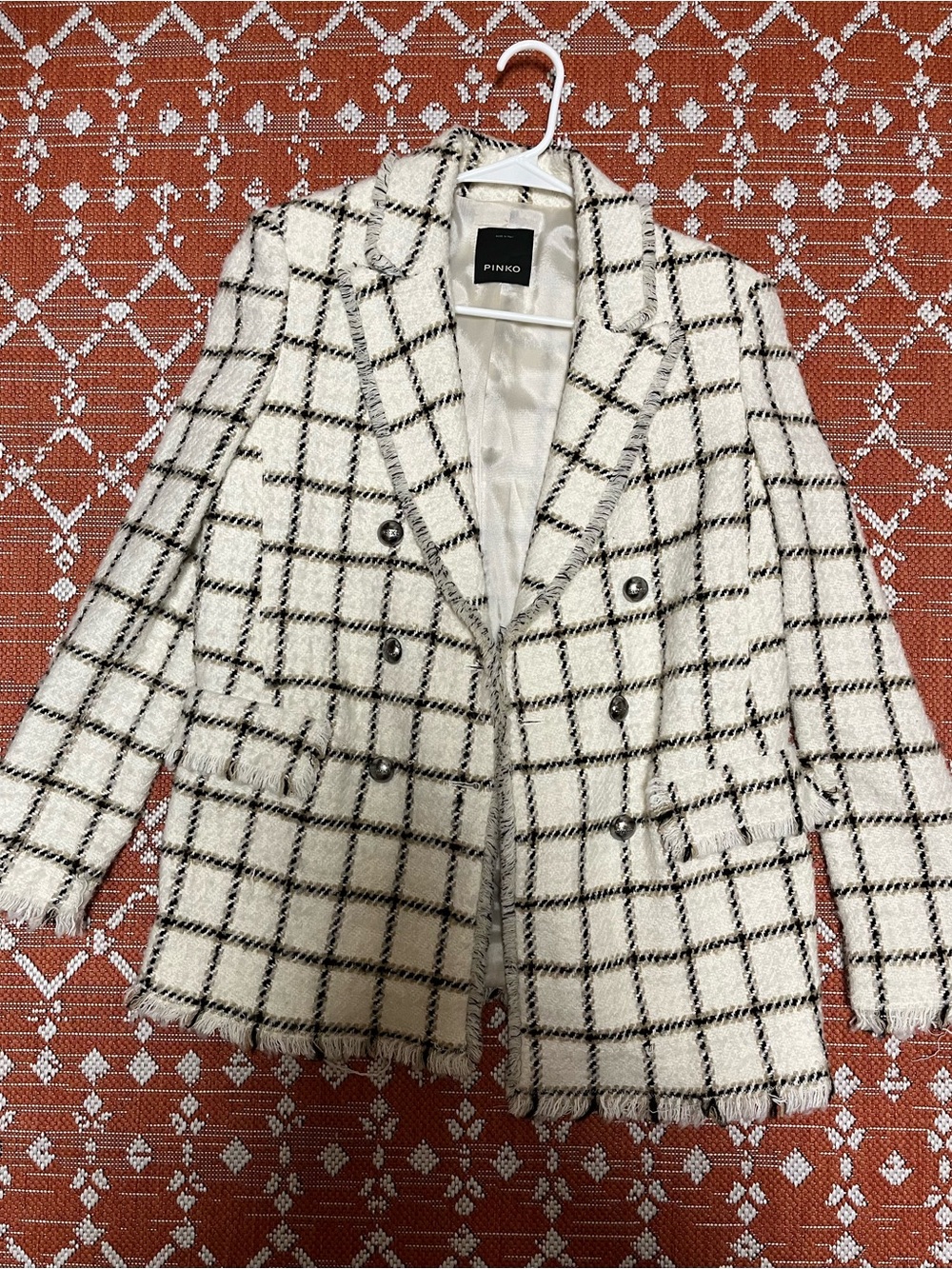 PINKO Admiral Giacca Boucle Check Finestrato Fringed Tweed Blazer Coat IT40(US4)